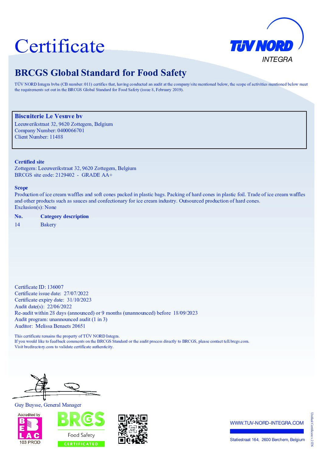 Biscuiterie Le Vesuve BRCGS Food cert 08-2022